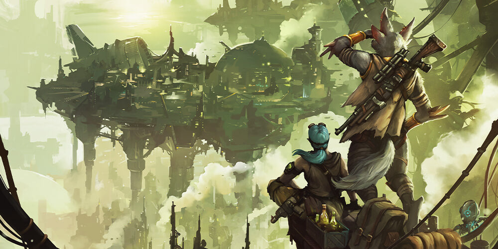 Fantasy scene with characters and a large mechanical structure in a misty environment