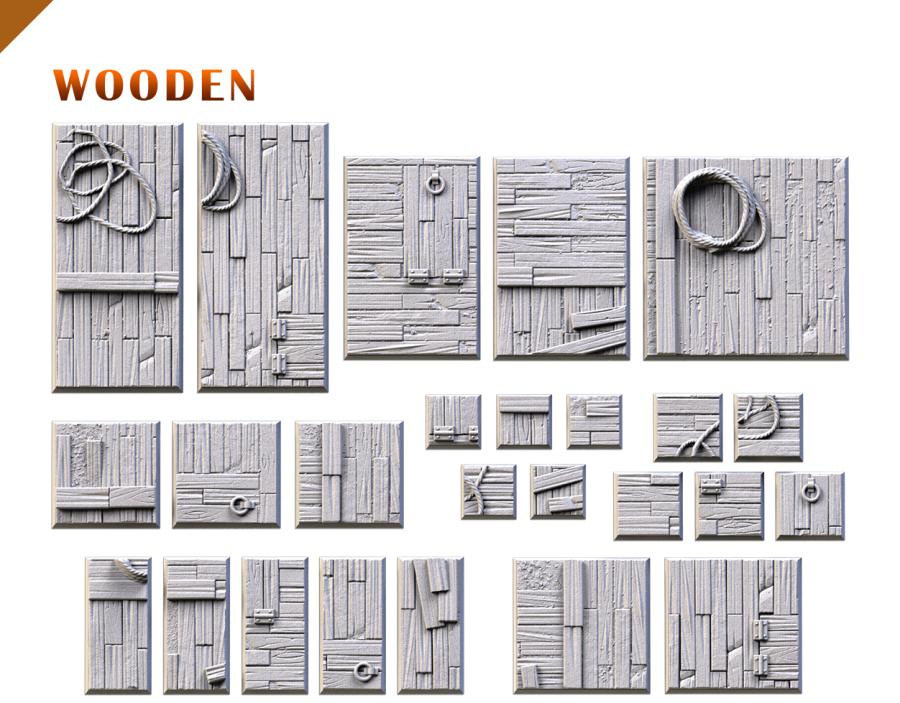 Wooden Textured Square Bases for Miniatures – Txarli Factory Thematic Designs – Multiple Sizes & Themes