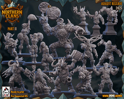 Collection of fantasy miniatures with 'Northern Clans' branding and 'August Release 2023' text.