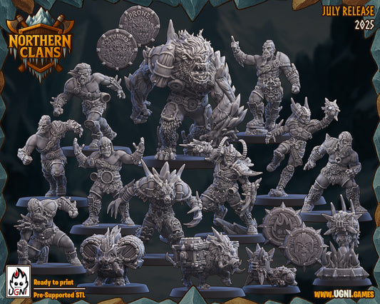 Collection of fantasy miniatures with 'Northern Clans' branding and 'UGNI Games' logo.