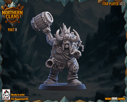 Game character with a large weapon on a dark background, featuring 'Northern Clans' branding.