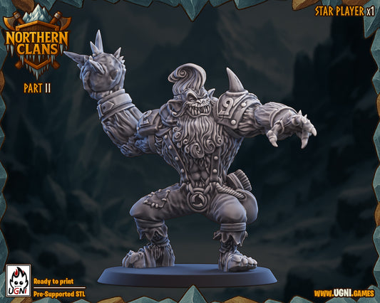 Stone-like warrior figure with Northern Clans branding on a dark background