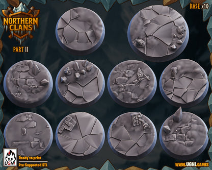 Collection of round stone-like bases with various textures and designs, branded 'Northern Clans' on a dark background.