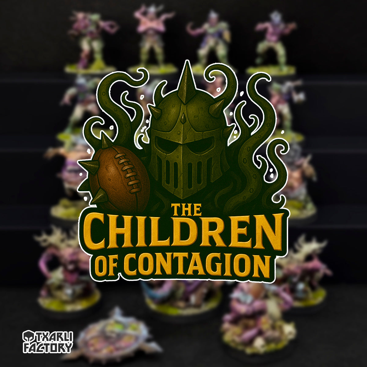 Fantasy football tabletop miniatures featuring the Children of Contagion team logo with miniatures in focus.