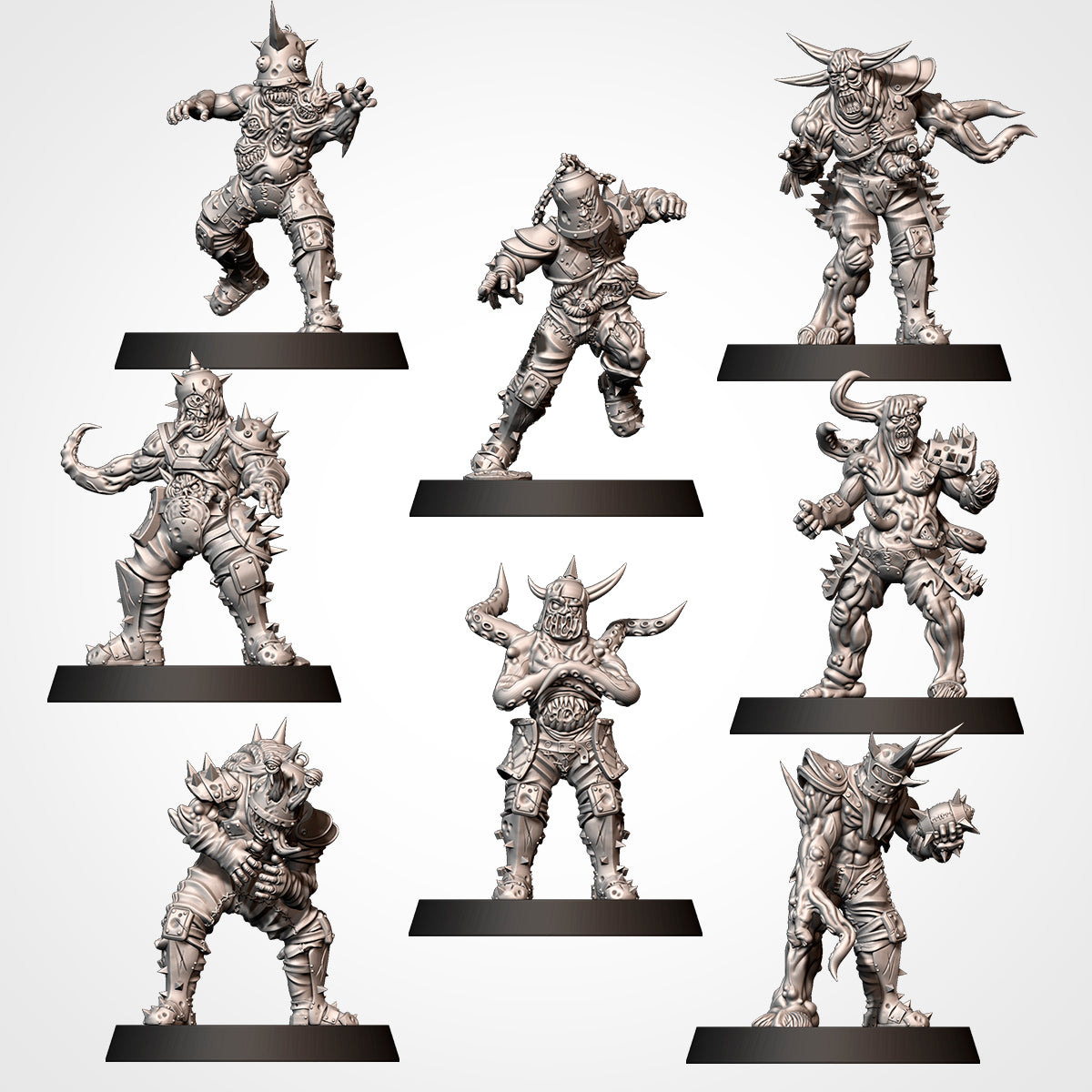 Fantasy Football tabletop miniatures featuring the Children of Contagion team characters on black bases.