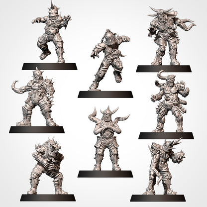 Fantasy Football tabletop miniatures featuring the Children of Contagion team characters on black bases.