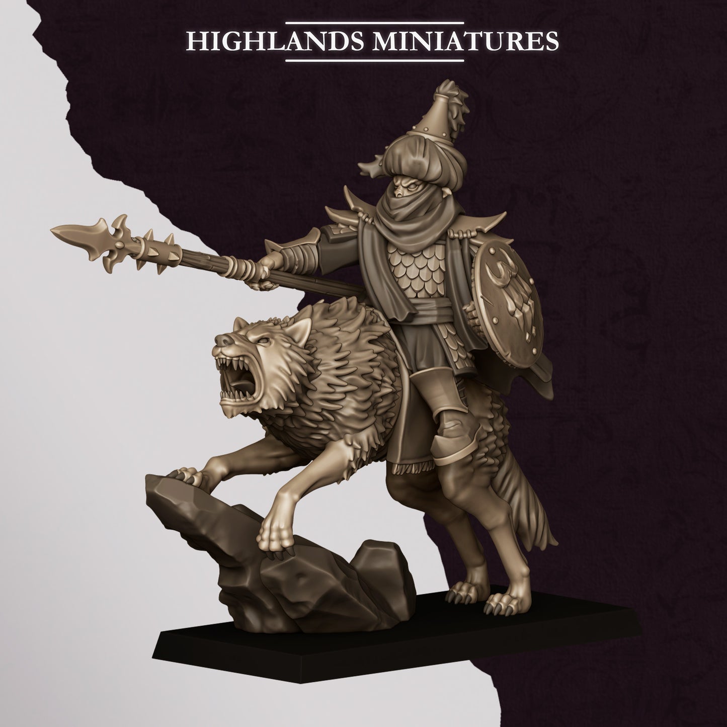 Hobgoblin Hero mounted on wolf - Chaos Dwarves - Cult of Marduk - Highlands Miniatures