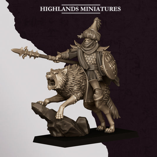 Hobgoblin Hero mounted on wolf - Chaos Dwarves - Cult of Marduk - Highlands Miniatures