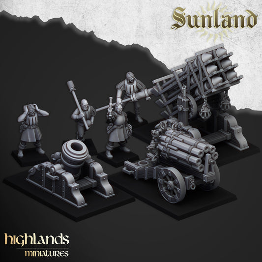 Sunland Artillery (Mortar, Volley Gun, Rocket Launcher)- Human Army - Highlands Miniatures