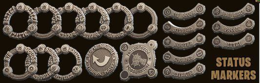 Collection of miniatures and accessories for a tabletop game, including figures, a stand, and status markers.