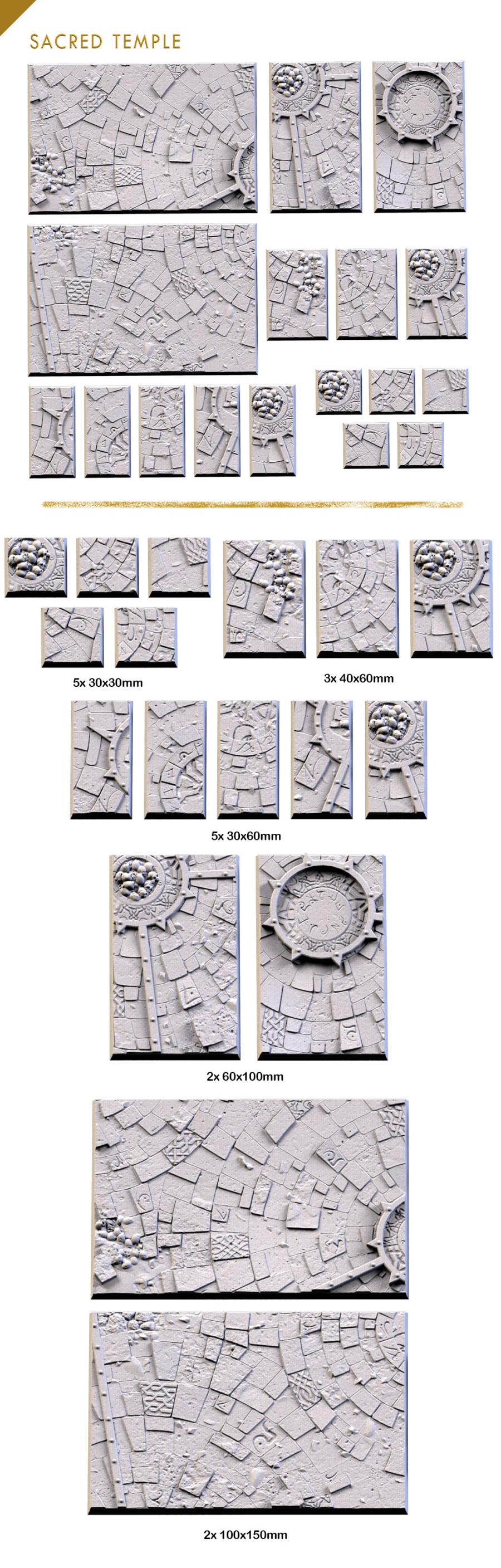 Sacred Temple Textured Square Bases for Miniatures – Txarli Factory Thematic Designs – Multiple Sizes & Themes
