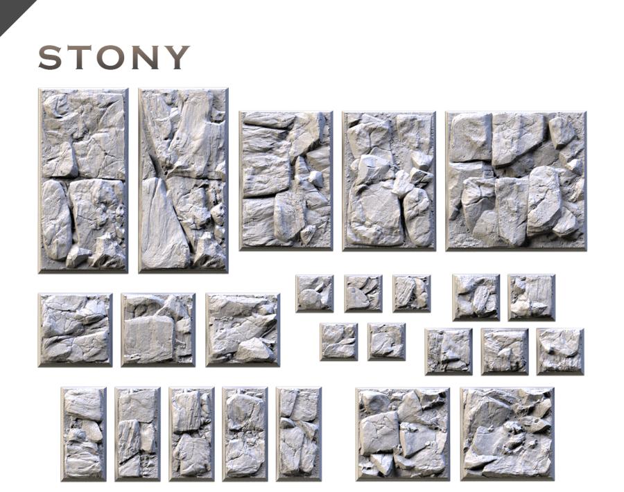 Stony Textured Square Bases for Miniatures – Txarli Factory Thematic Designs – Multiple Sizes & Themes