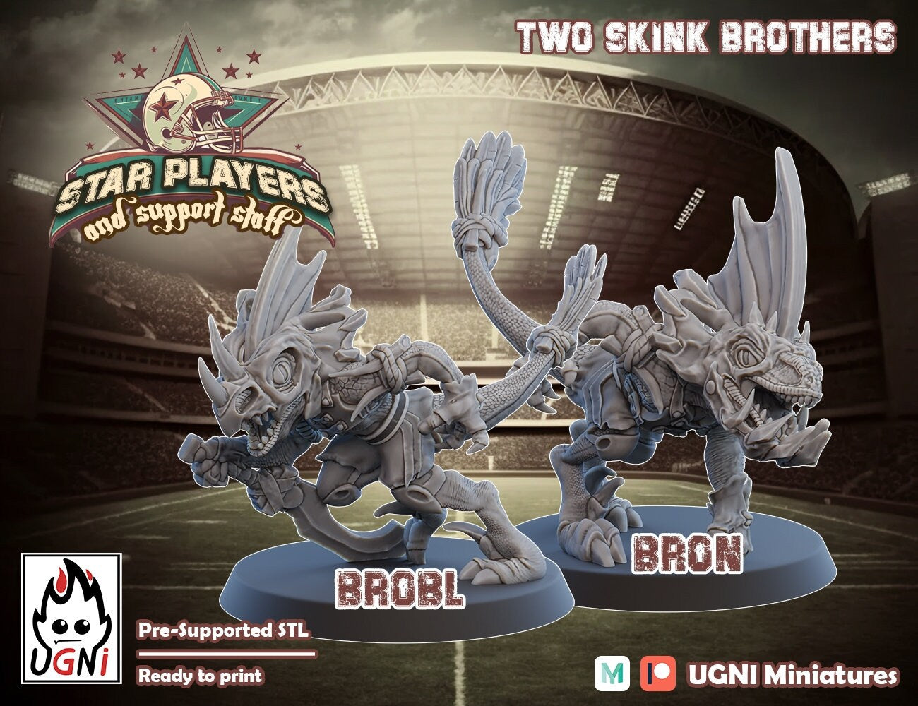 Brobl and Bron | Lizardmen Team | Skinks Star Player | Fantasy Football UGNI Miniatures - TheMajorLab