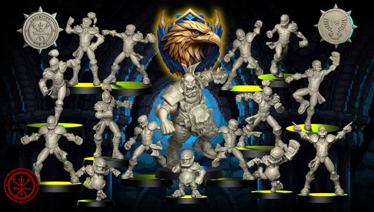 Collection of gray figurines around a central eagle emblem on a dark background