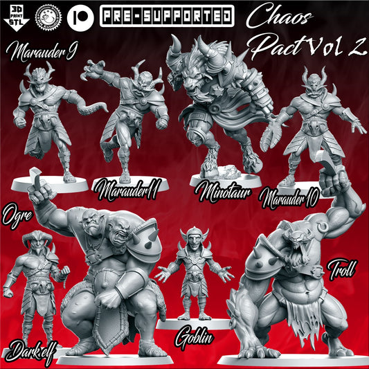 Collection of miniatures from 'Chaos Pact Vol 2' on a red background